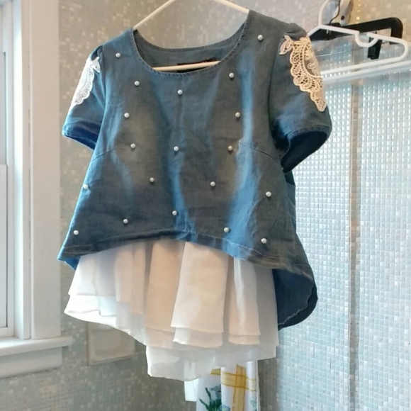 EREN Jean Top with pearly and lace - Picture 1 of 5